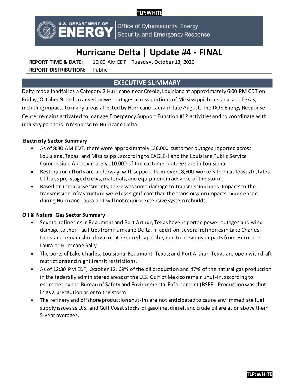 Hurricane Delta | Update #4 - FINAL REPORT TIME & DATE: 10:00 AM EDT | Tuesday, October 13, 2020 REPORT DISTRIBUTION: Public