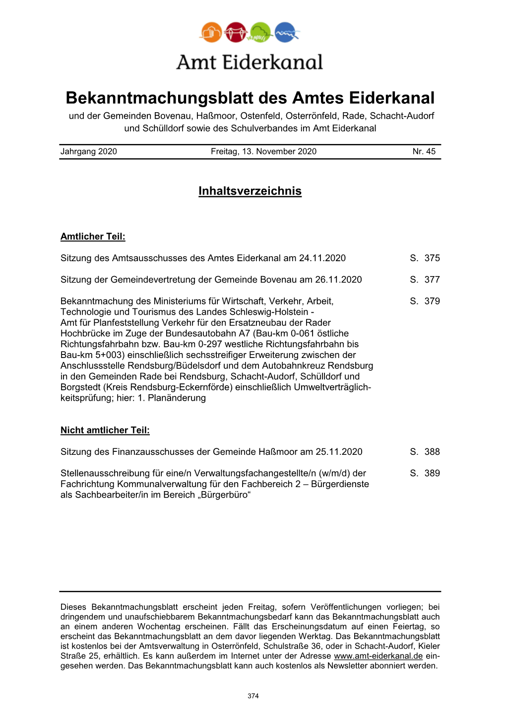 [PDF] Bekanntmachungsblatt Des Amtes Eiderkanal Nr. 45/2020