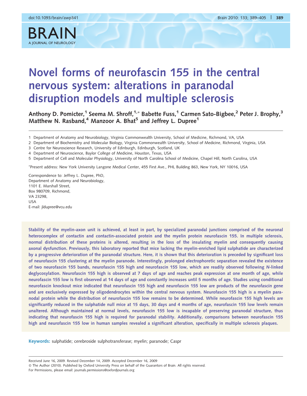 Novel Forms of Neurofascin 155 in the Central Nervous System: Alterations in Paranodal Disruption Models and Multiple Sclerosis
