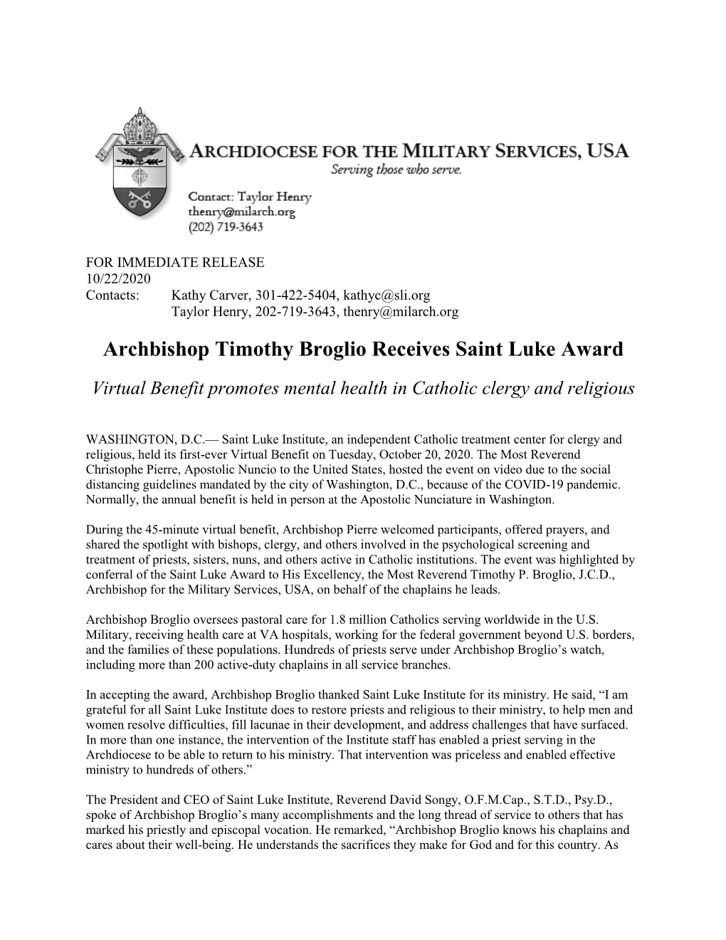 Archbishop Timothy Broglio Receives Saint Luke Award