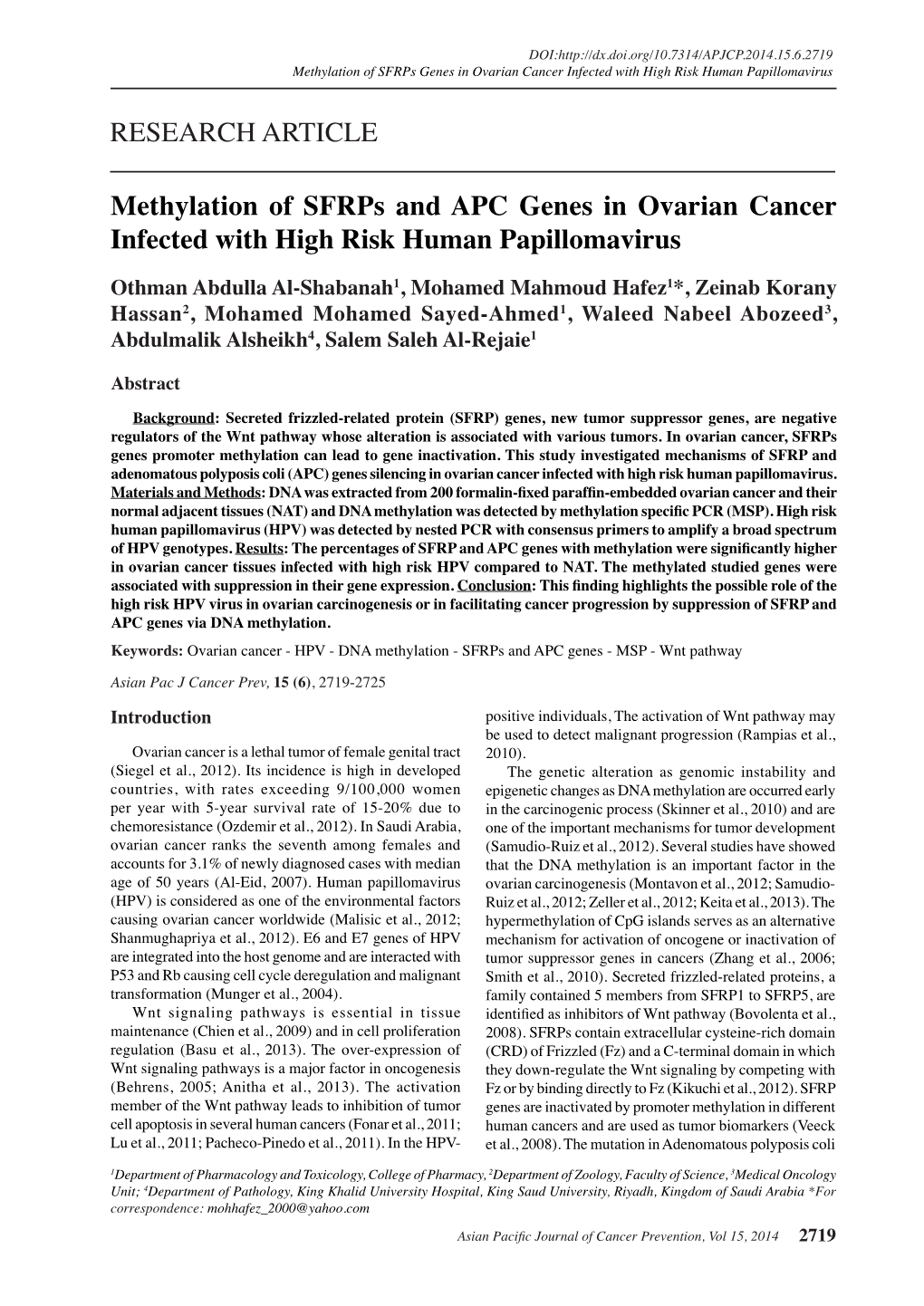 Methylation of Sfrps and APC Genes in Ovarian Cancer Infected with High Risk Human Papillomavirus