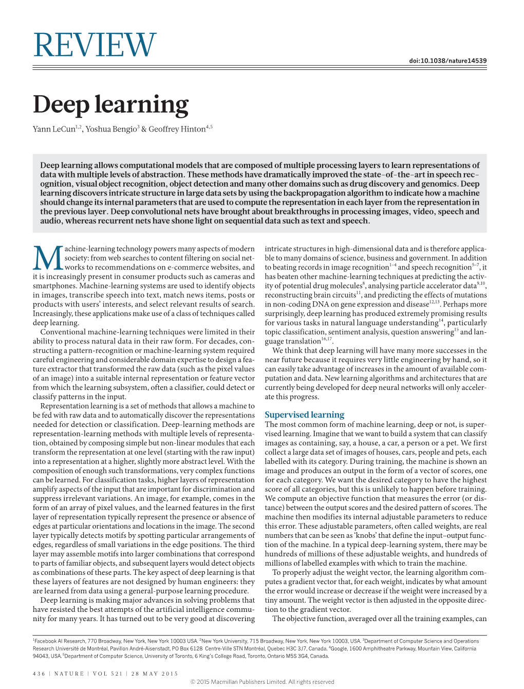 Deep Learning Yann Lecun1,2, Yoshua Bengio3 & Geoffrey Hinton4,5