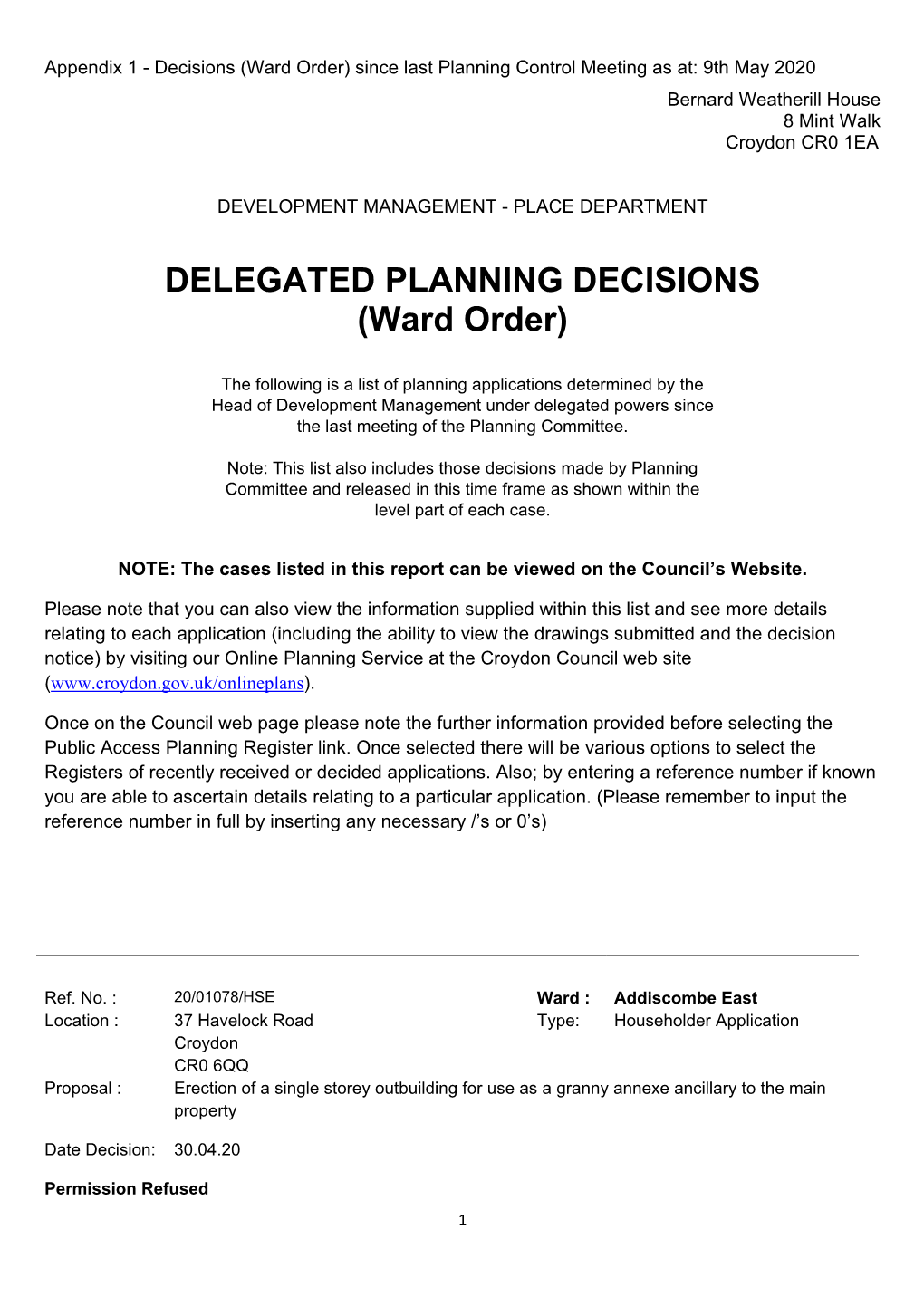 DELEGATED PLANNING DECISIONS (Ward Order)