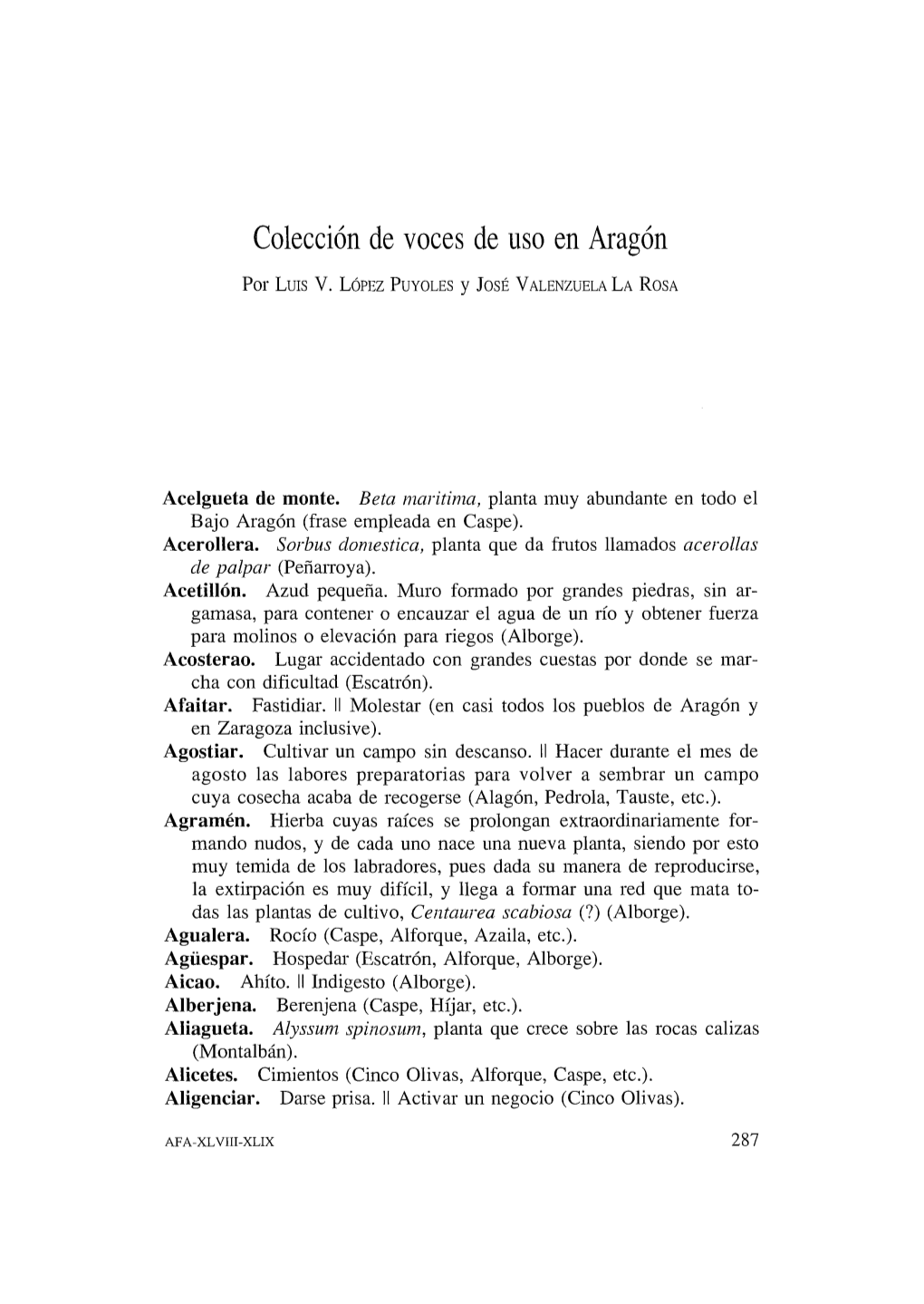 11. Colección De Voces De Uso En Aragón, Por Luis V. López Puyoles Y José Valenzuela