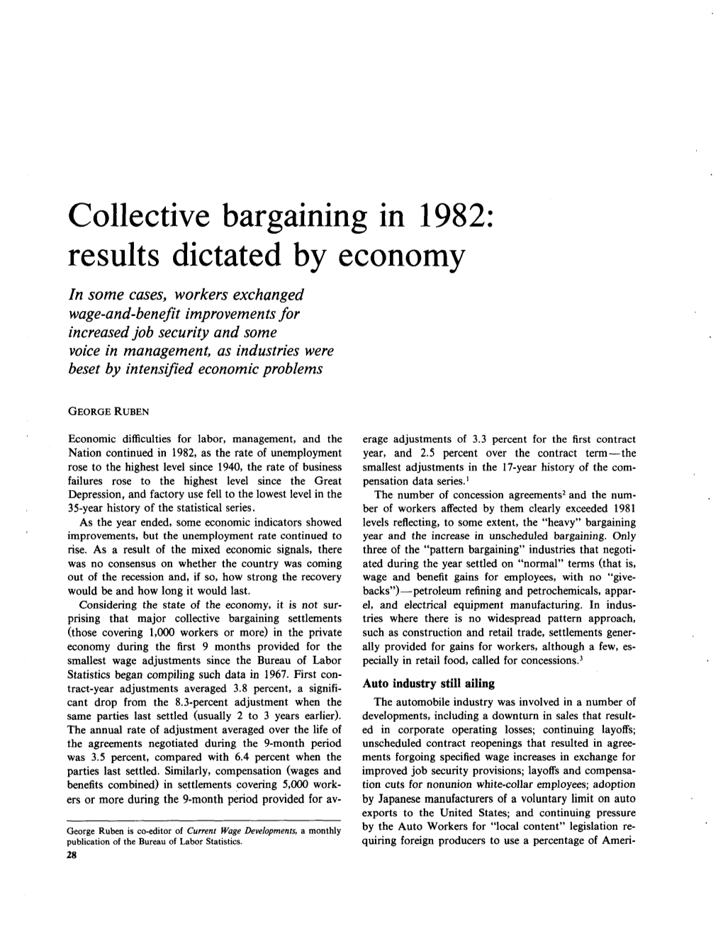 Collective Bargaining in 1982: Results Dictated by Economy