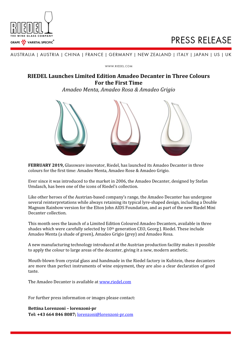 RIEDEL Launches Limited Edition Amadeo Decanter in Three Colours for the First Time