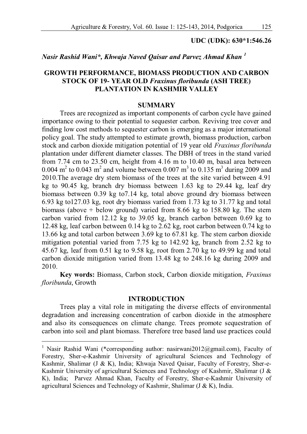 Agriculture and Forestry, Canberra, 140 Nasir Rashid Wani, Khwaja Naved Qaisar and Parvez Ahmad Khan