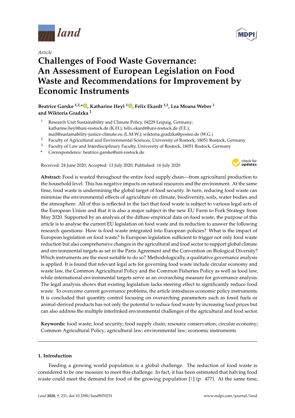 Challenges of Food Waste Governance: an Assessment of European Legislation on Food Waste and Recommendations for Improvement by Economic Instruments