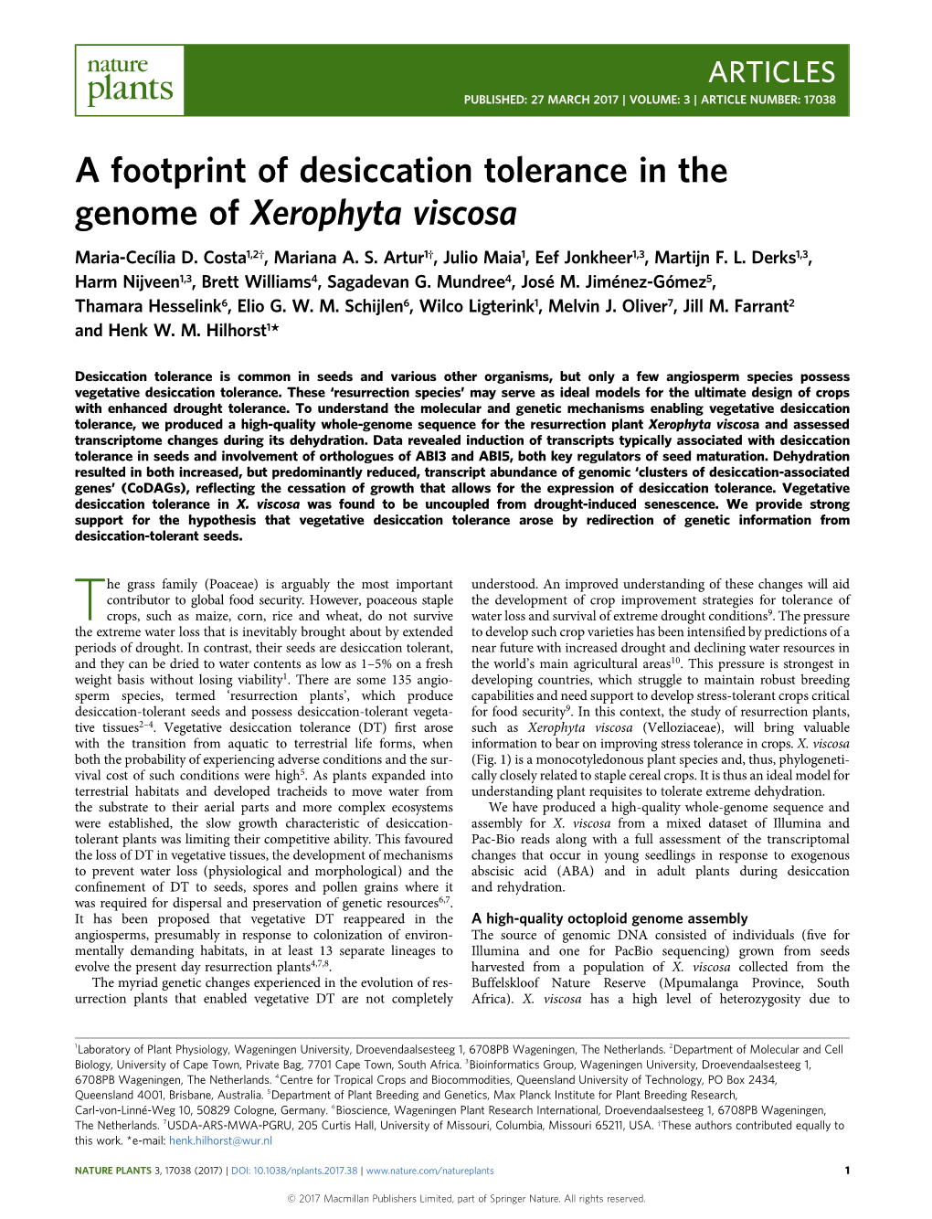 A Footprint of Desiccation Tolerance in the Genome of Xerophyta Viscosa Maria-Cecília D