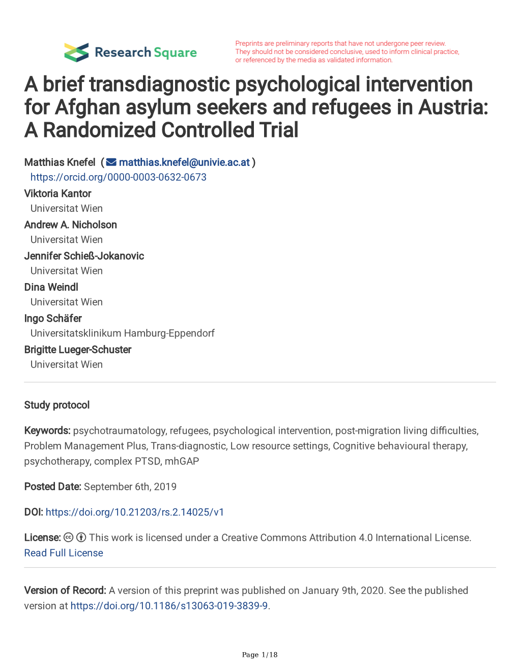 A Brief Transdiagnostic Psychological Intervention for Afghan Asylum Seekers and Refugees in Austria: a Randomized Controlled Trial