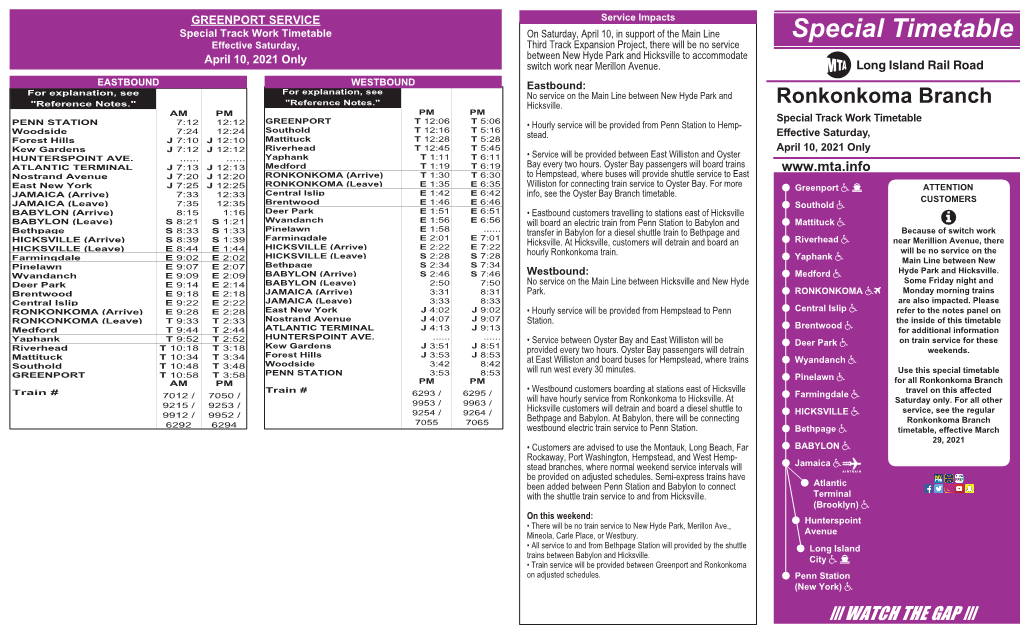 Special Timetable Ronkonkoma Branch