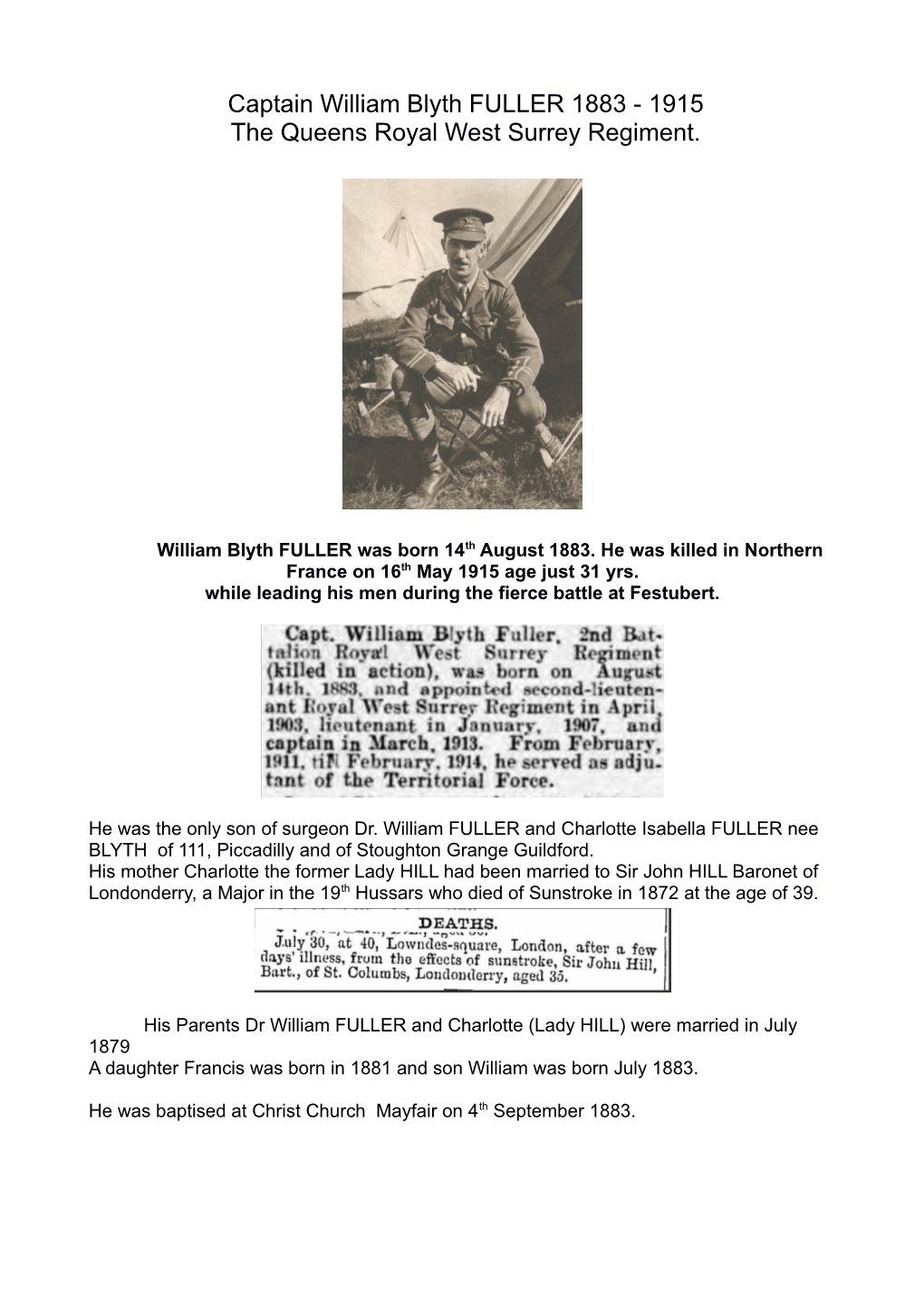 Captain William Blyth FULLER 1883 - 1915 the Queens Royal West Surrey Regiment