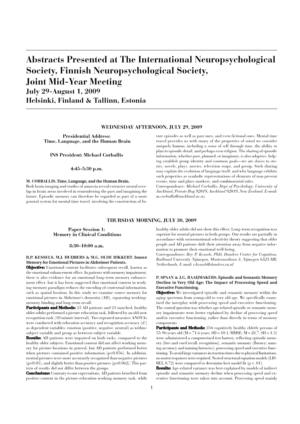 Abstracts Presented at the International Neuropsychological