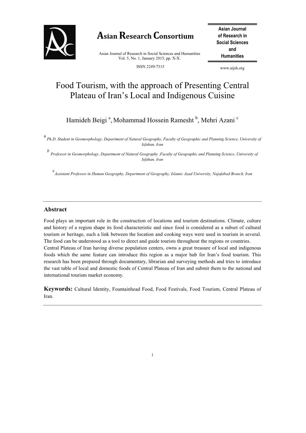 Food Tourism, with the Approach of Presenting Central Plateau of Iran's