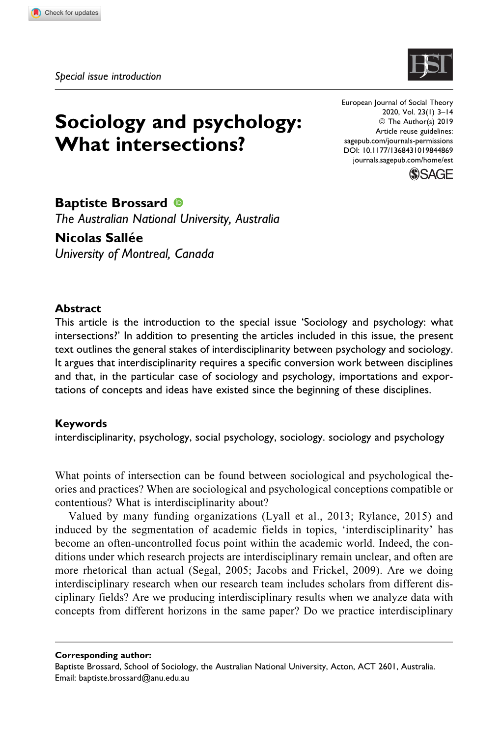 Sociology and Psychology: What Intersections?