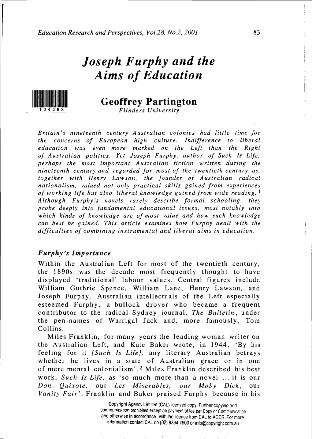Ioseph Furphy and the Aims of Education