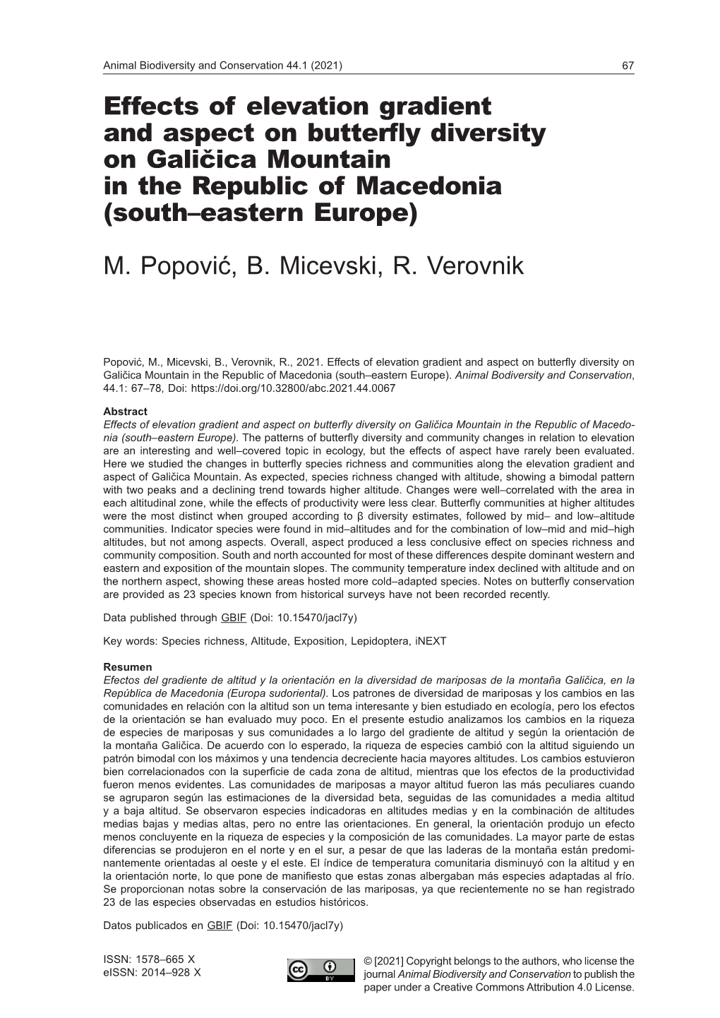 Effects of Elevation Gradient and Aspect on Butterfly Diversity on Galičica Mountain in the Republic of Macedonia (South–Eastern Europe)