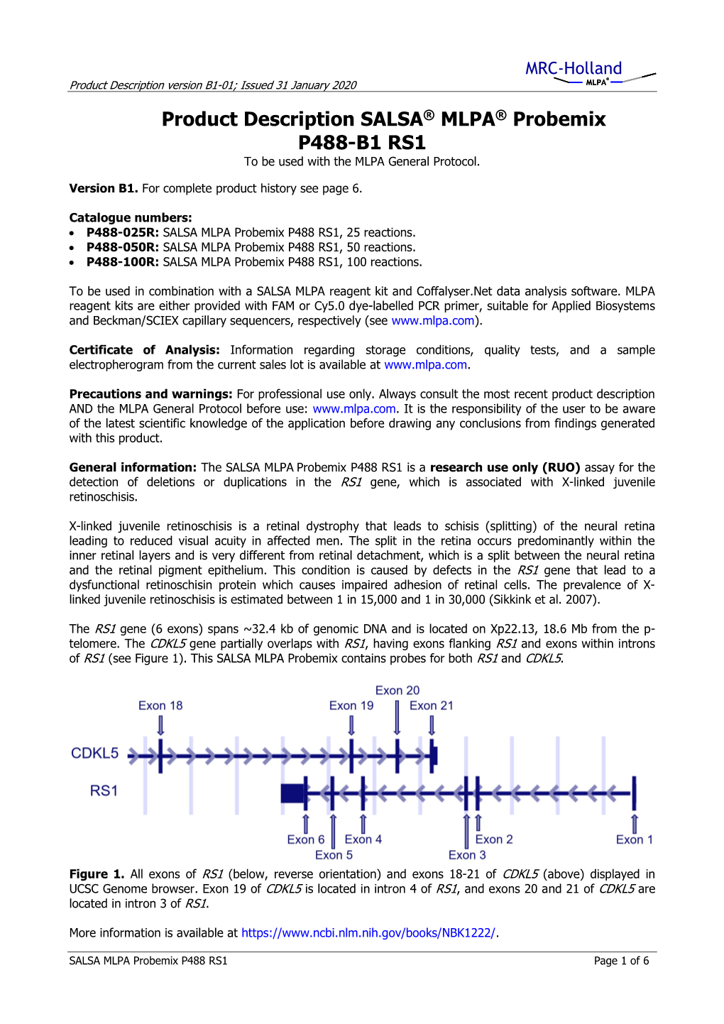 Product Description SALSA® MLPA® Probemix P488-B1 RS1 to Be Used with the MLPA General Protocol