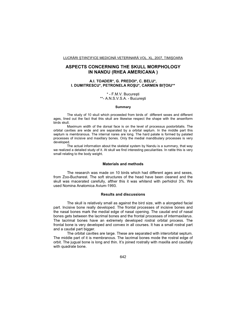 Aspects Concerning the Skull Morphology in Nandu (Rhea Americana )