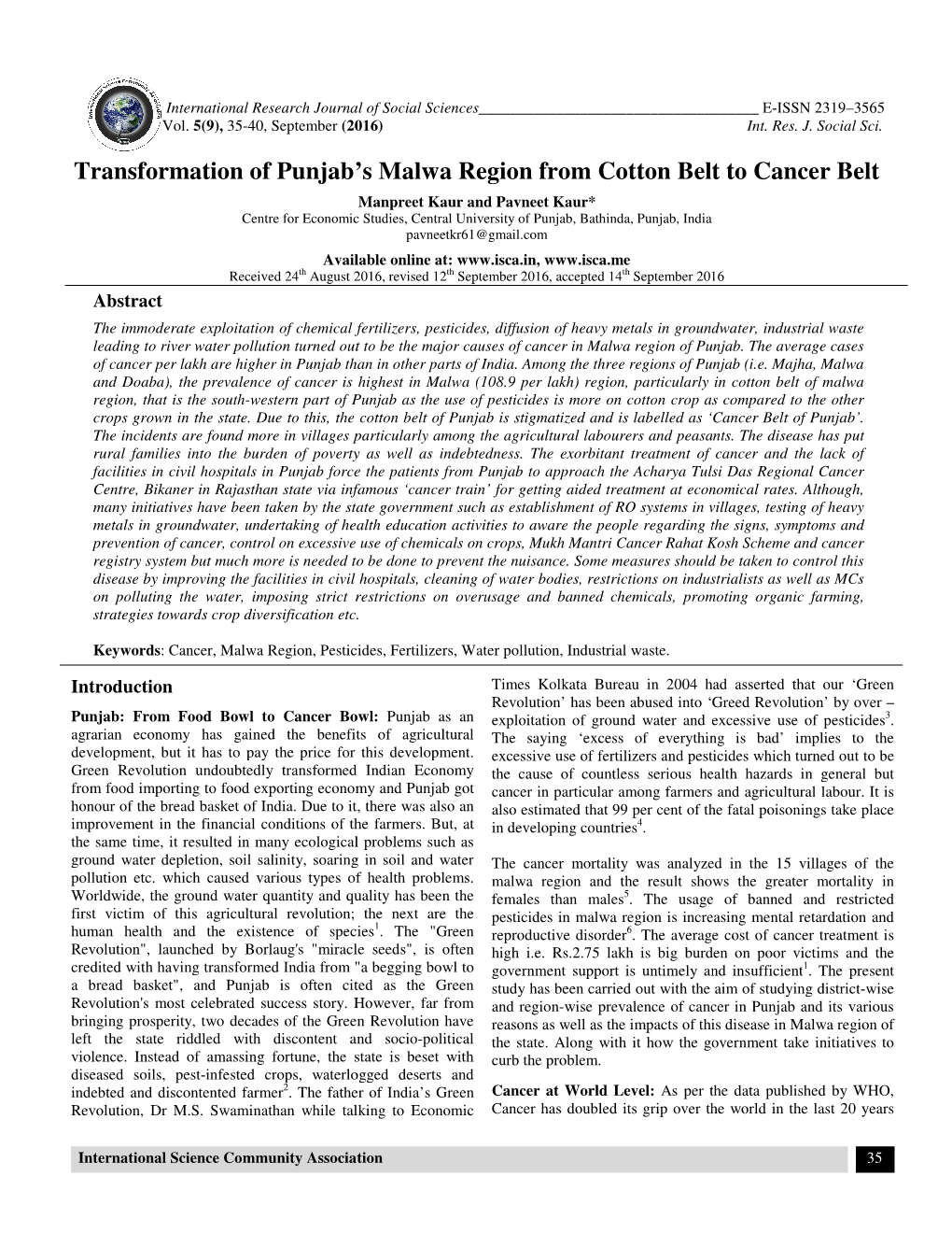 Of Punjab's Malwa Region from Cotton Belt to Cancer B