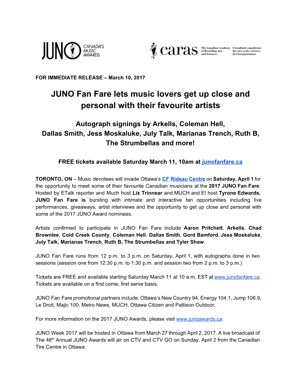 JUNO Fan Fare Lets Music Lovers Get up Close and Personal with Their Favourite Artists