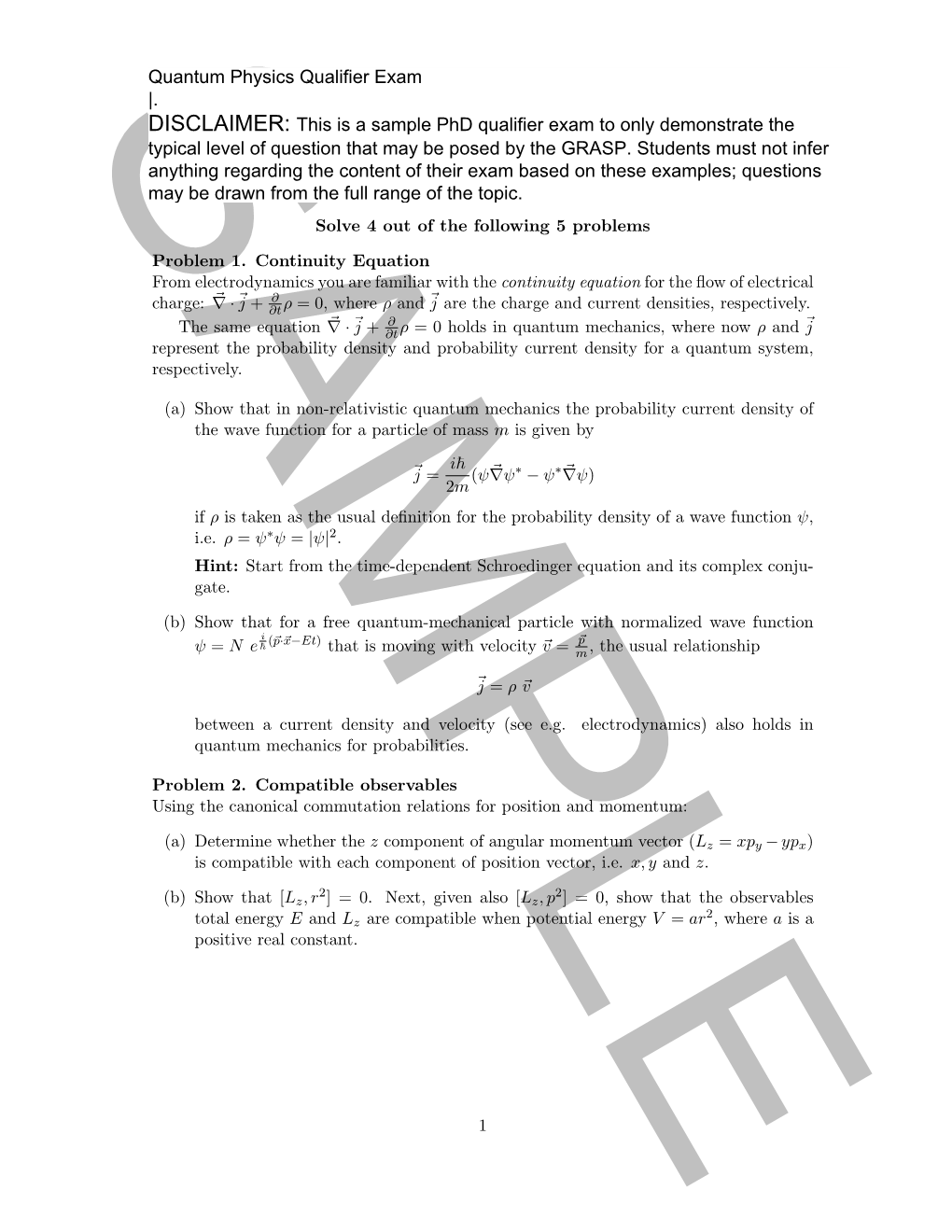 Quantum Mechanics Exam Fall 2011 SAMPLENAME (Please Print)