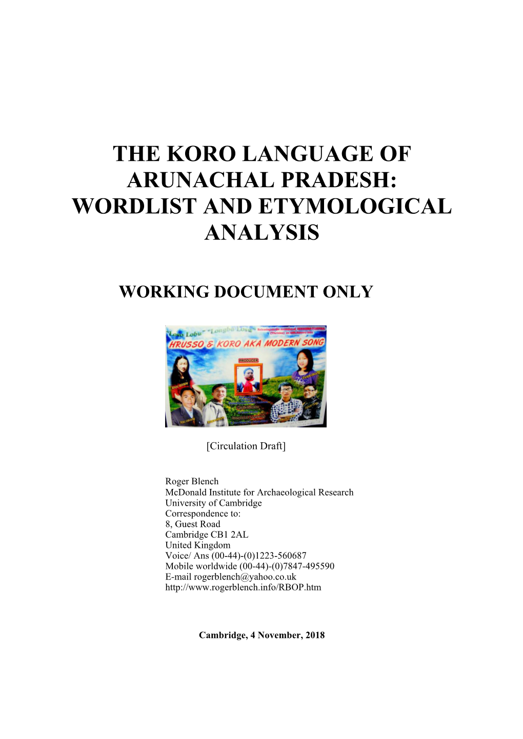 The Koro Language of Arunachal Pradesh: Wordlist and Etymological Analysis