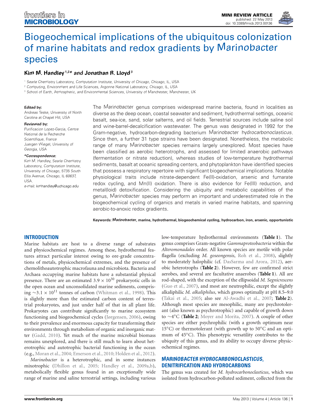 Biogeochemical Implications of the Ubiquitous Colonization of Marine Habitats and Redox Gradients by Marinobacter Species