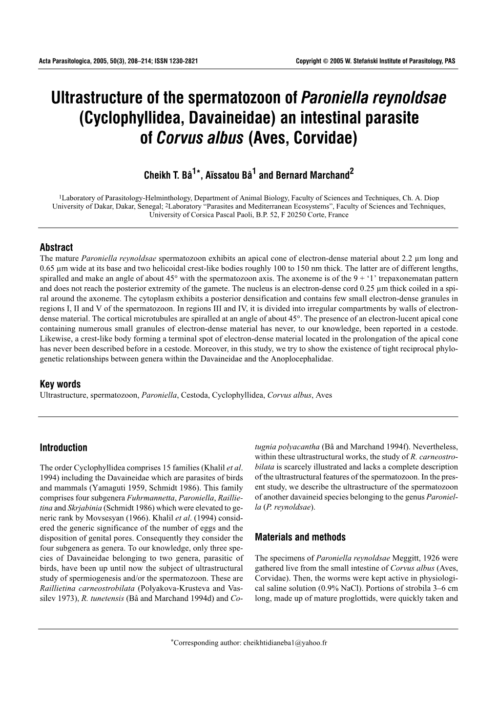 Cyclophyllidea, Davaineidae) an Intestinal Parasite Stefański of Corvus Albus (Aves, Corvidae)