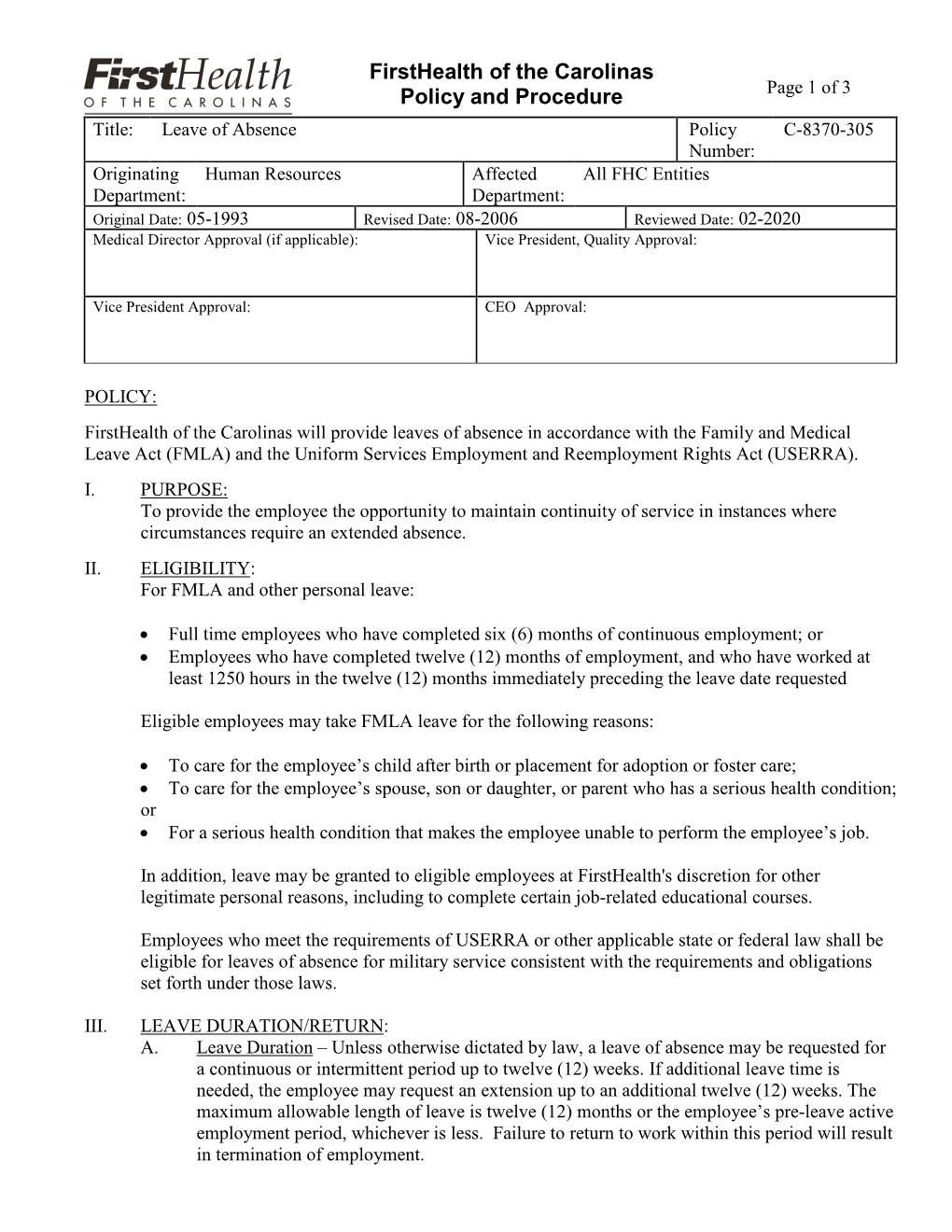 Leave of Absence Policy Number