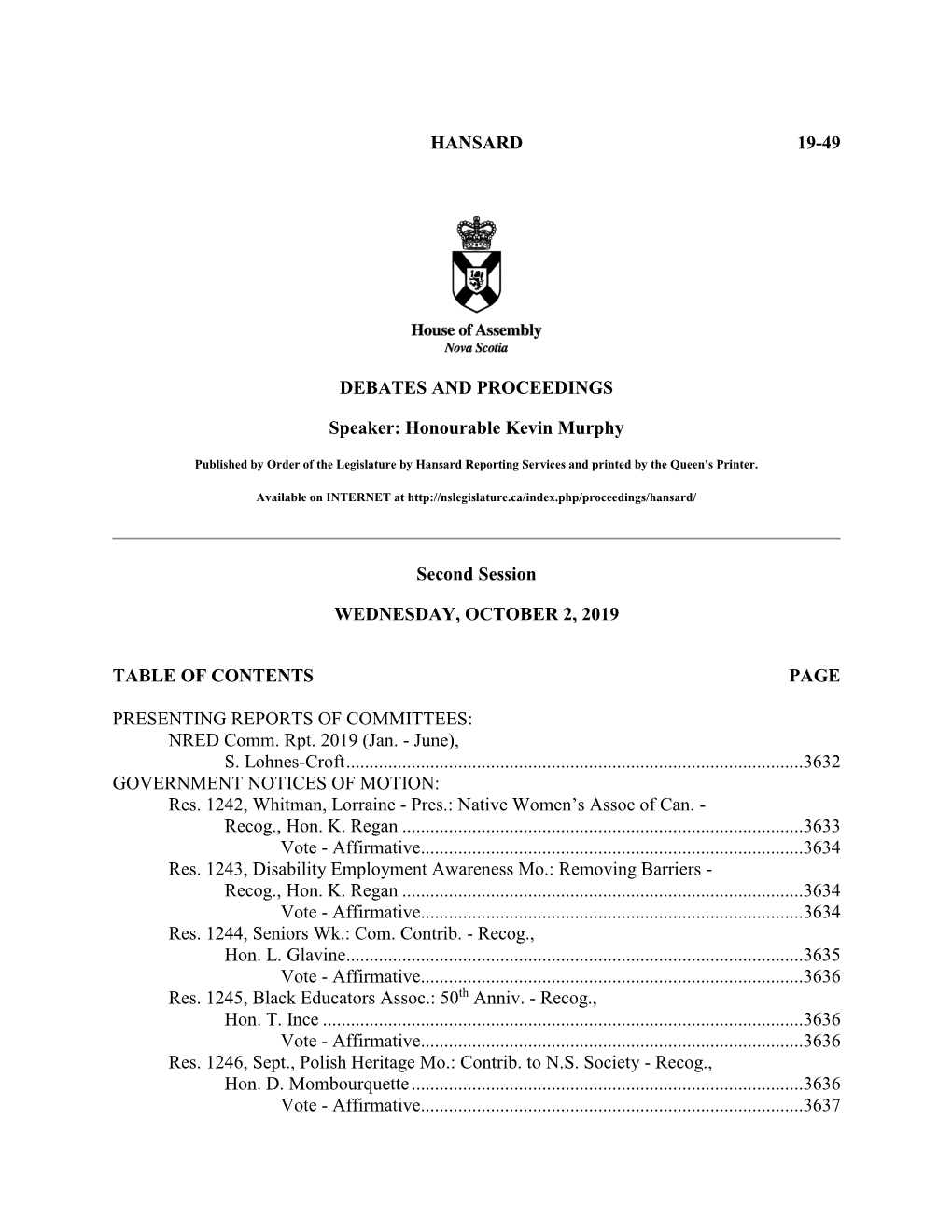 HANSARD 19-49 DEBATES and PROCEEDINGS Speaker