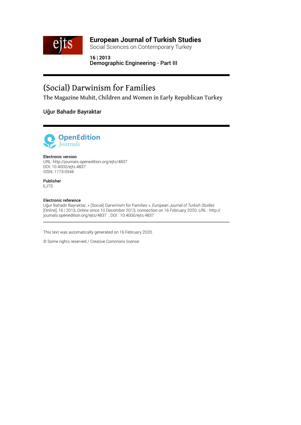 European Journal of Turkish Studies, 16 | 2013 (Social) Darwinism for Families 2