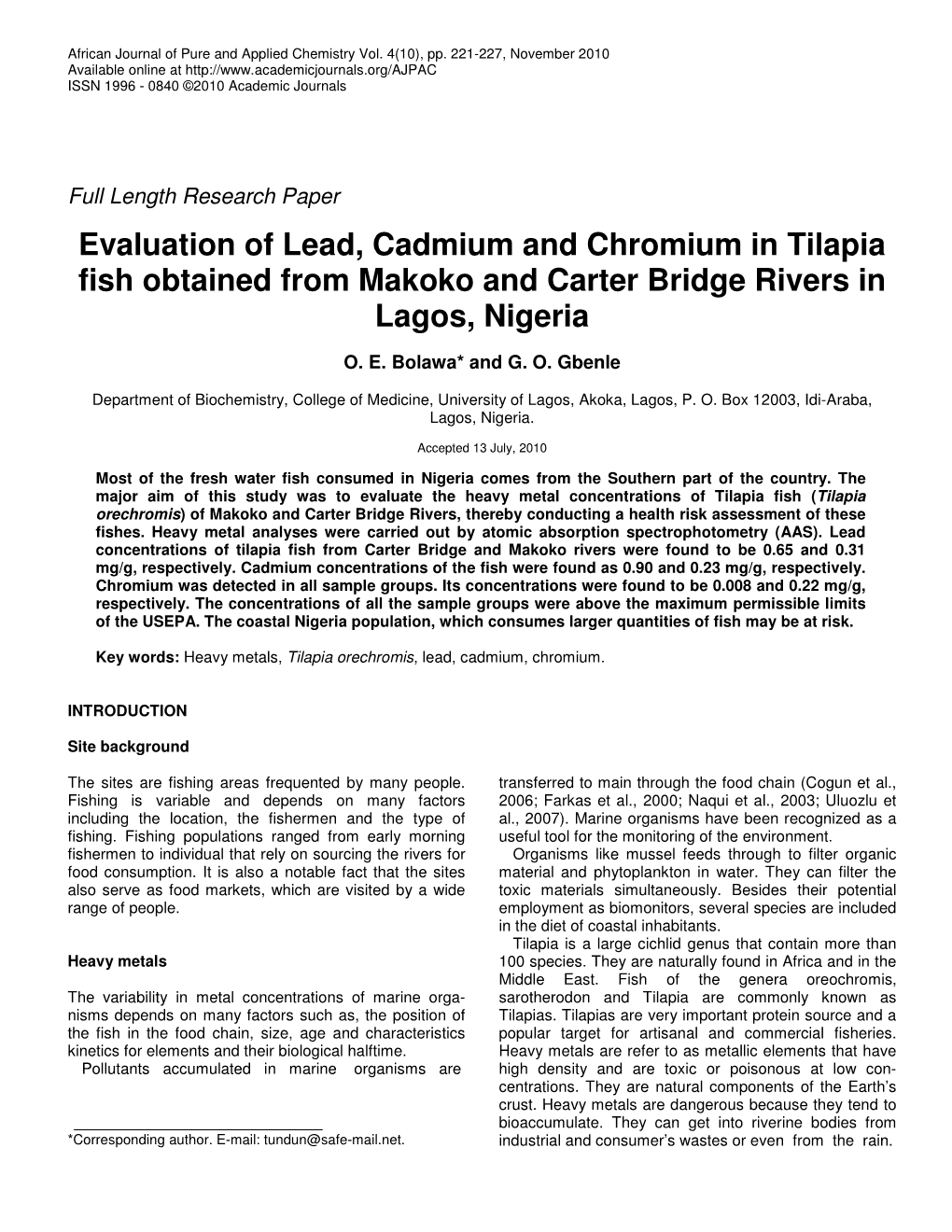 Evaluation of Lead, Cadmium and Chromium in Tilapia Fish Obtained from Makoko and Carter Bridge Rivers in Lagos, Nigeria