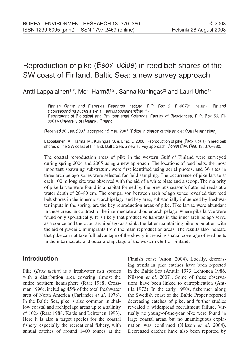 Reproduction of Pike (Esox Lucius) in Reed Belt Shores of the SW Coast of Finland, Baltic Sea: a New Survey Approach