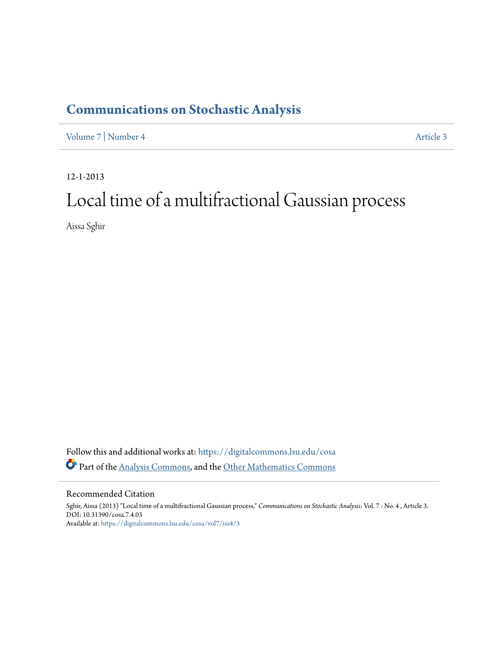 Local Time of a Multifractional Gaussian Process Aissa Sghir