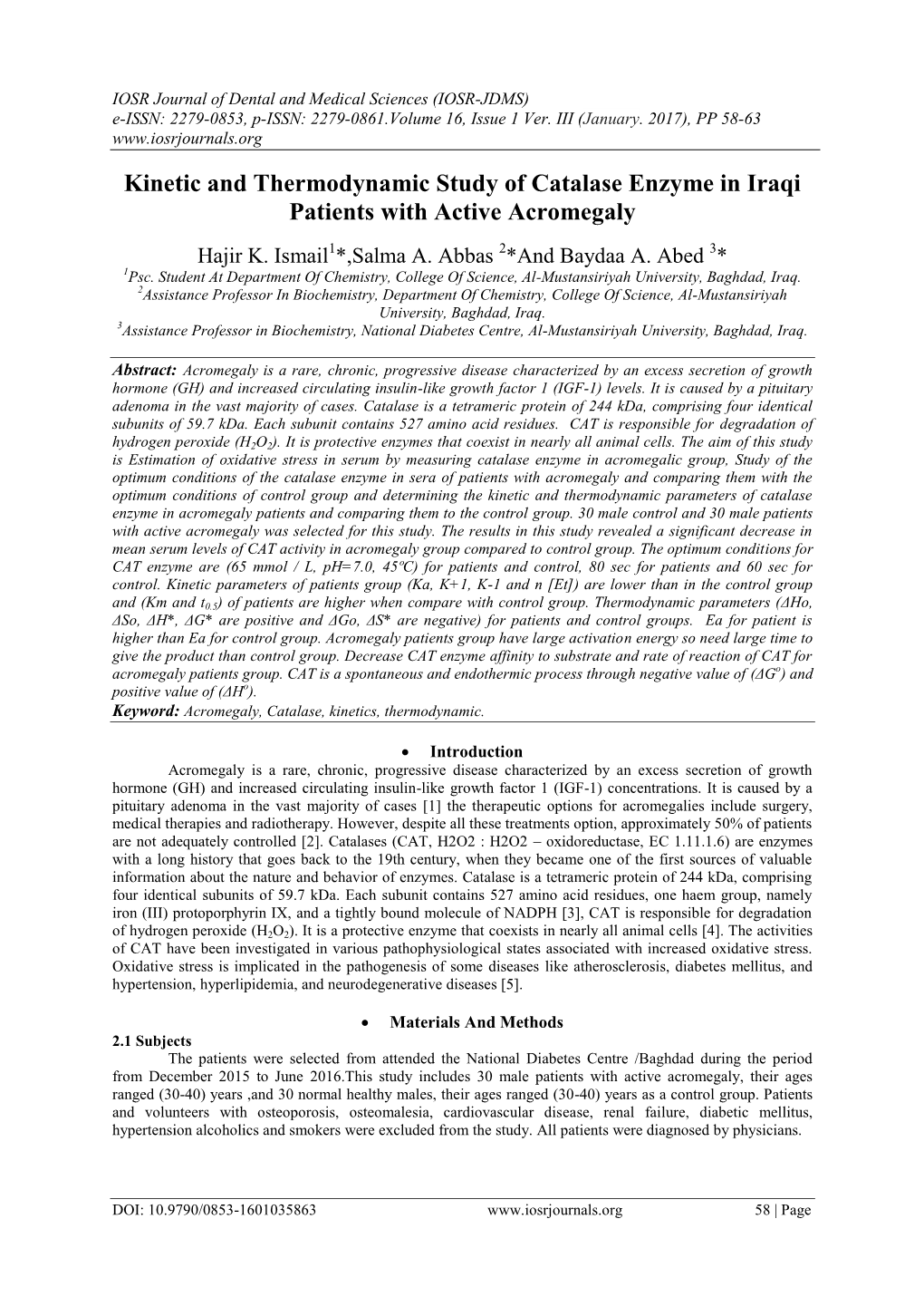 Kinetic and Thermodynamic Study of Catalase Enzyme in Iraqi Patients with Active Acromegaly