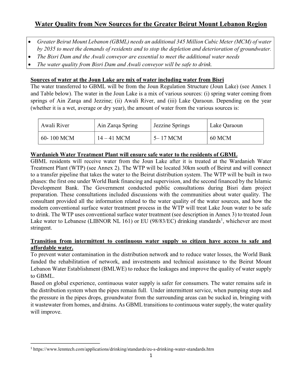 Water Quality from New Sources for the Greater Beirut Mount Lebanon Region