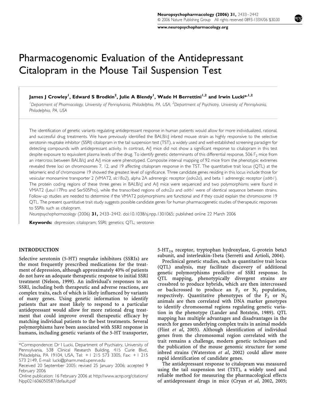 Pharmacogenomic Evaluation of the Antidepressant Citalopram in the Mouse Tail Suspension Test