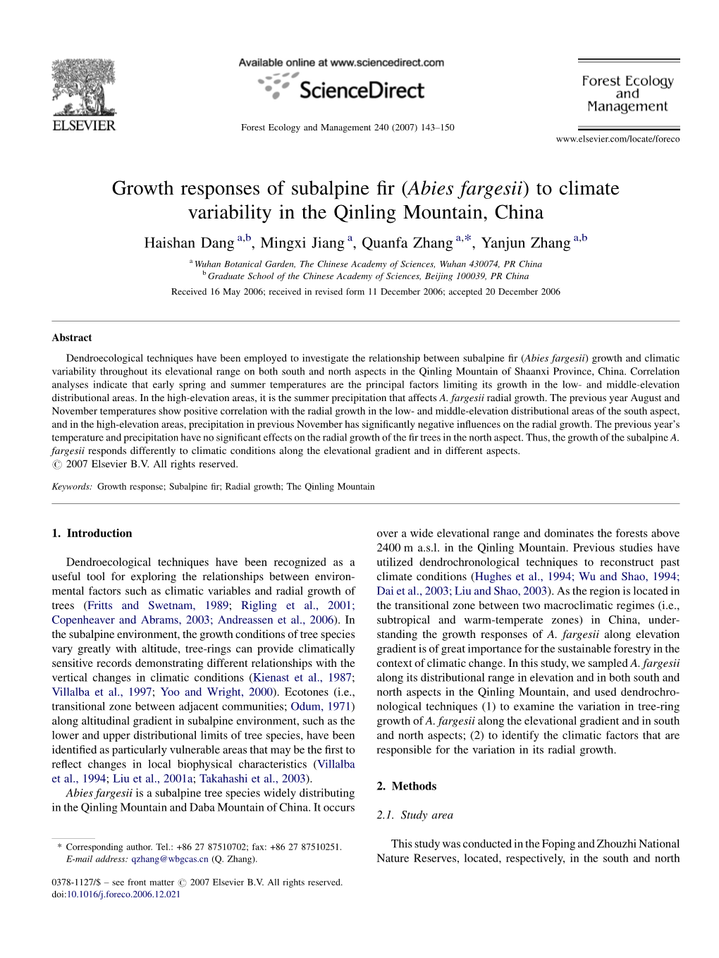 Growth Responses of Subalpine Fir (Abies Fargesii) to Climate Variability
