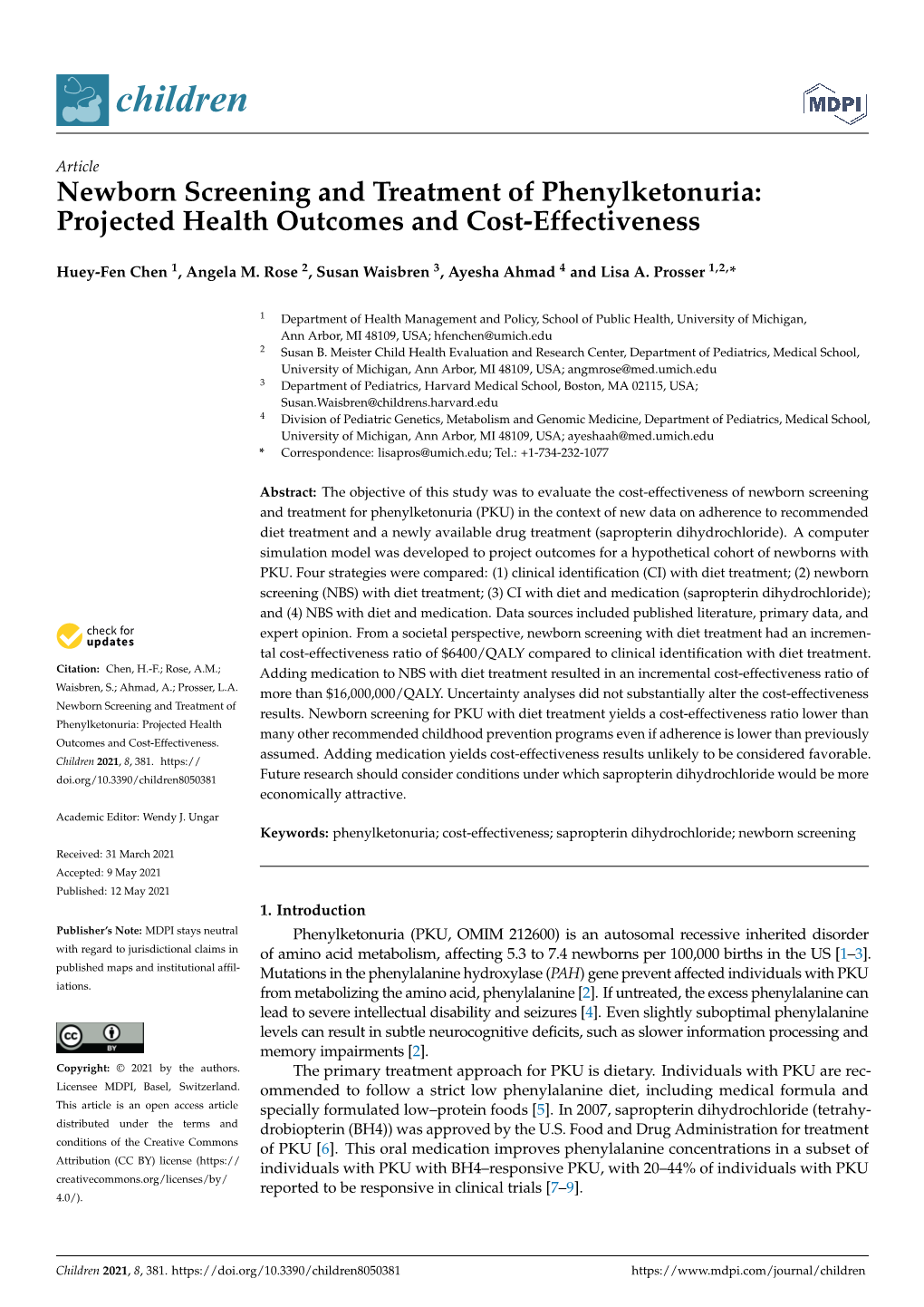 Newborn Screening and Treatment of Phenylketonuria: Projected Health Outcomes and Cost-Effectiveness