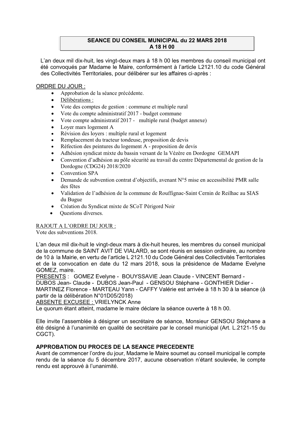 SEANCE DU CONSEIL MUNICIPAL Du 22 MARS 2018 a 18 H 00 L