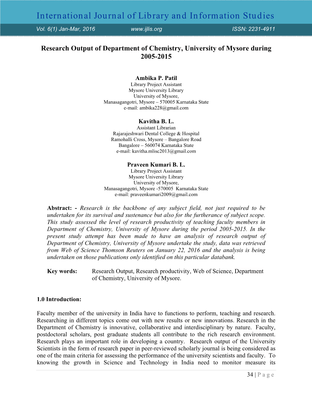 Research Output of Department of Chemistry, University of Mysore During 2005-2015