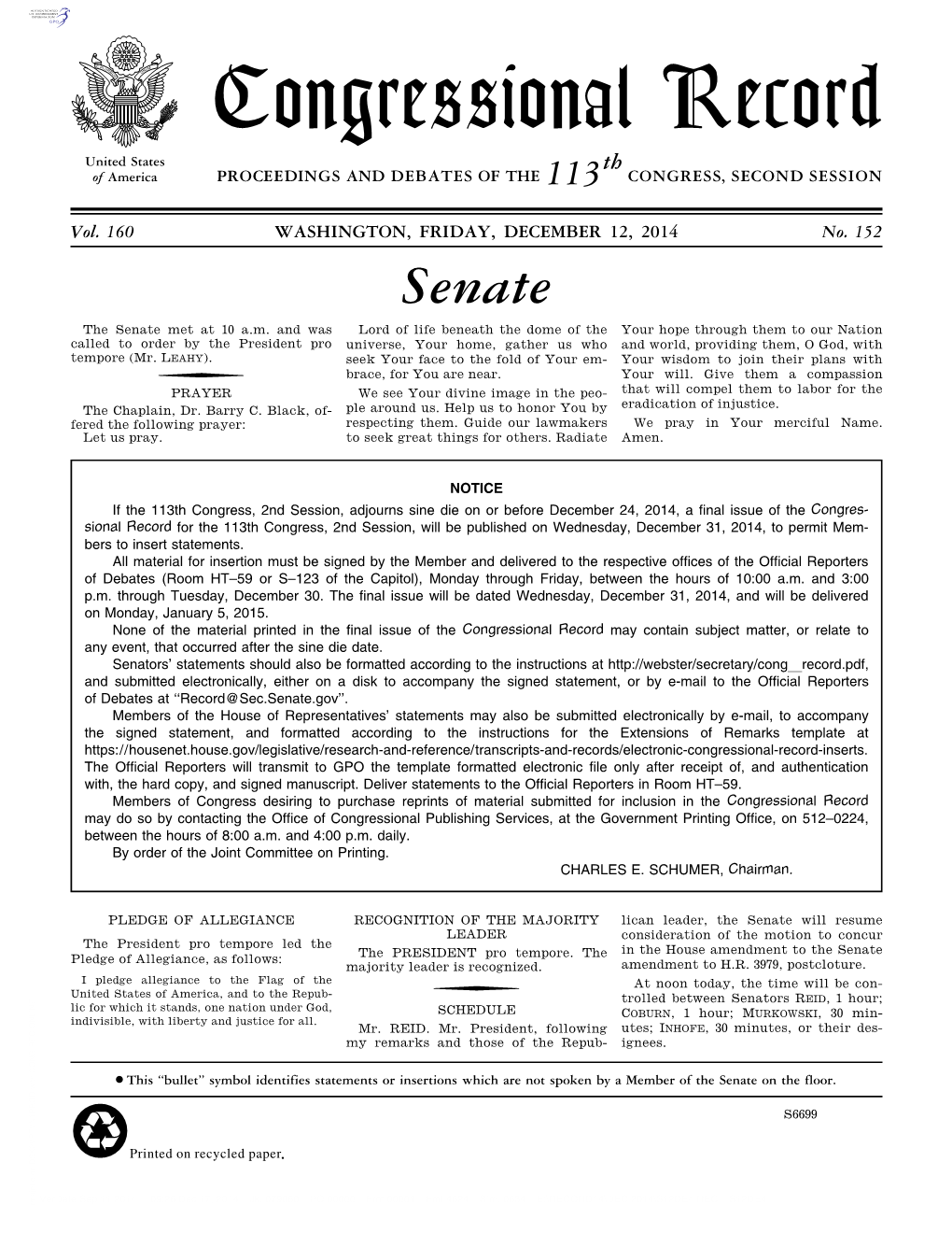 Congressional Record United States Th of America PROCEEDINGS and DEBATES of the 113 CONGRESS, SECOND SESSION