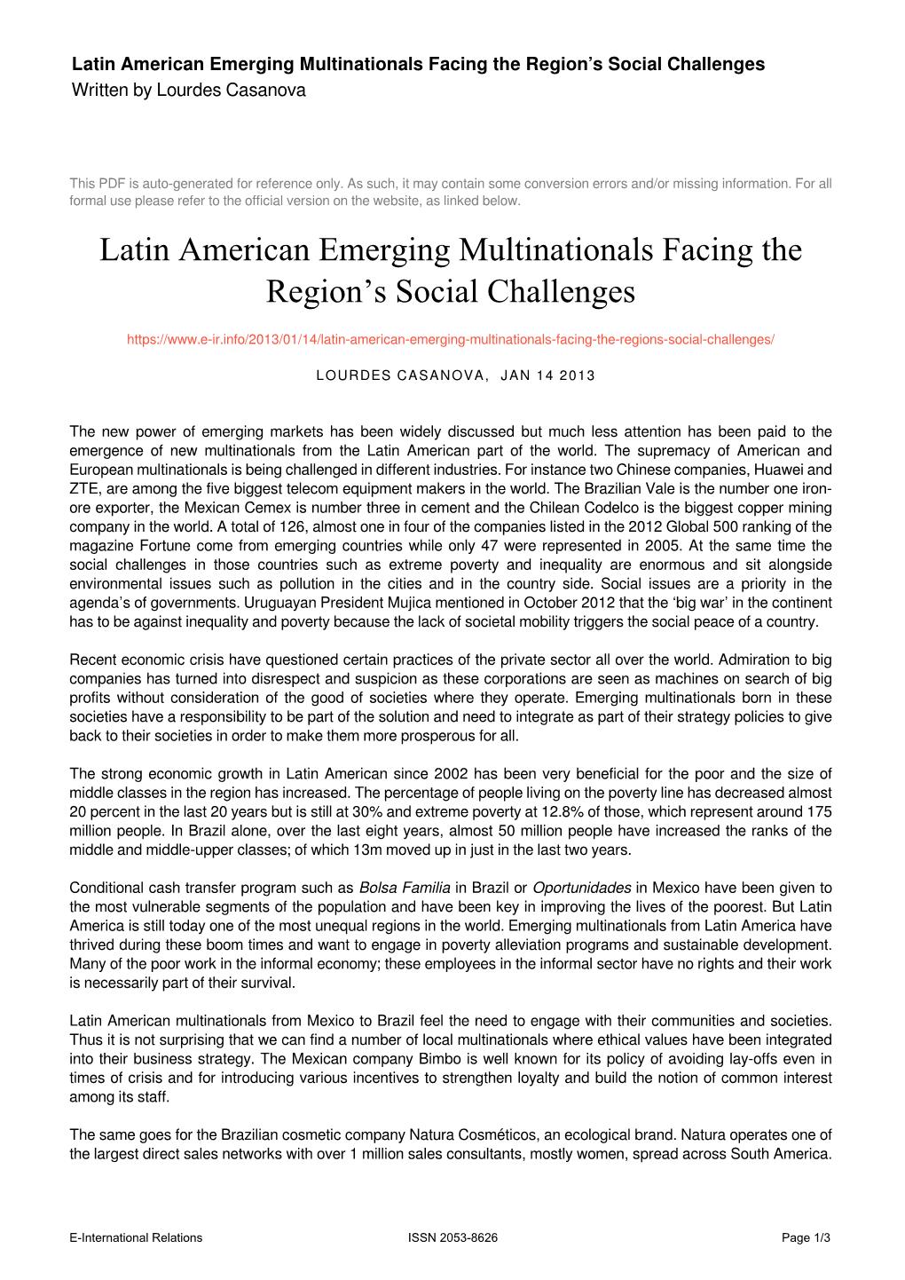 Latin American Emerging Multinationals Facing the Region's