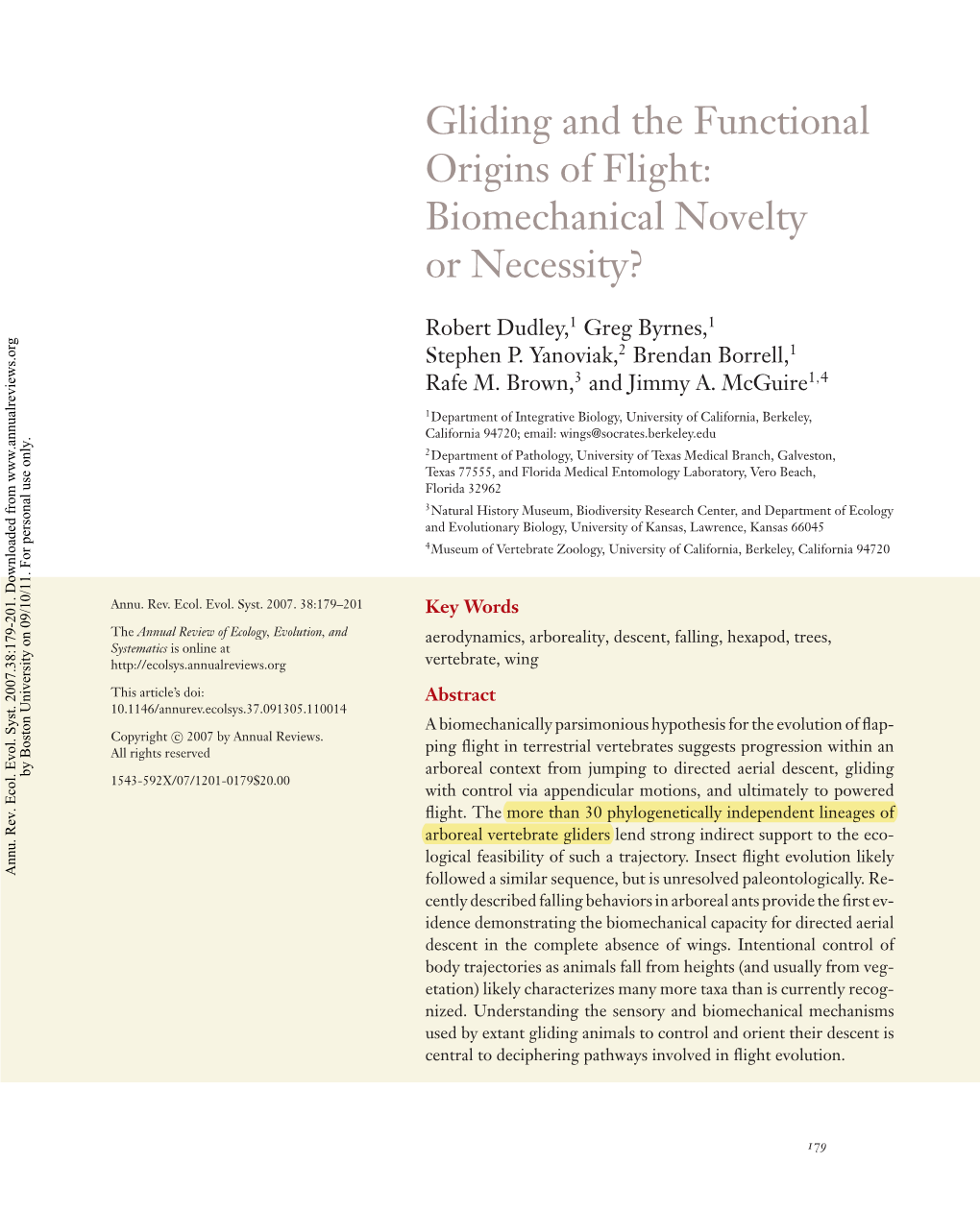 Gliding and the Functional Origins of Flight: Biomechanical Novelty Or Necessity?