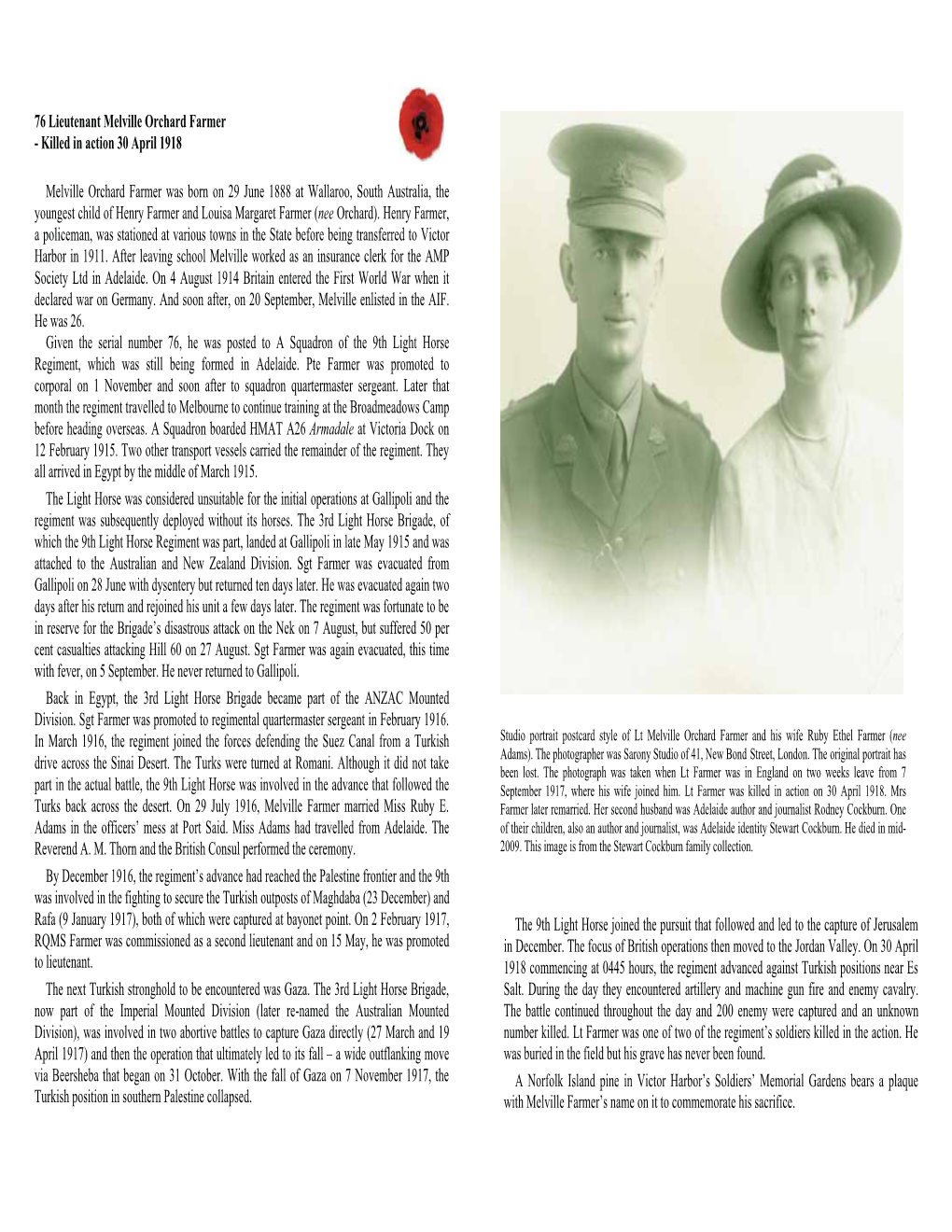 76 Lieutenant Melville Orchard Farmer - Killed in Action 30 April 1918
