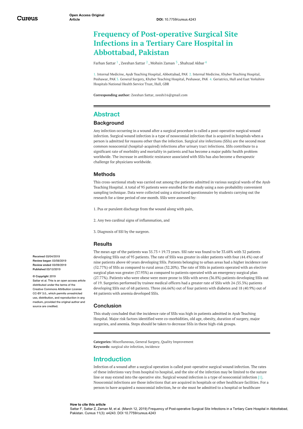 Frequency of Post-Operative Surgical Site Infections in a Tertiary Care Hospital in Abbottabad, Pakistan