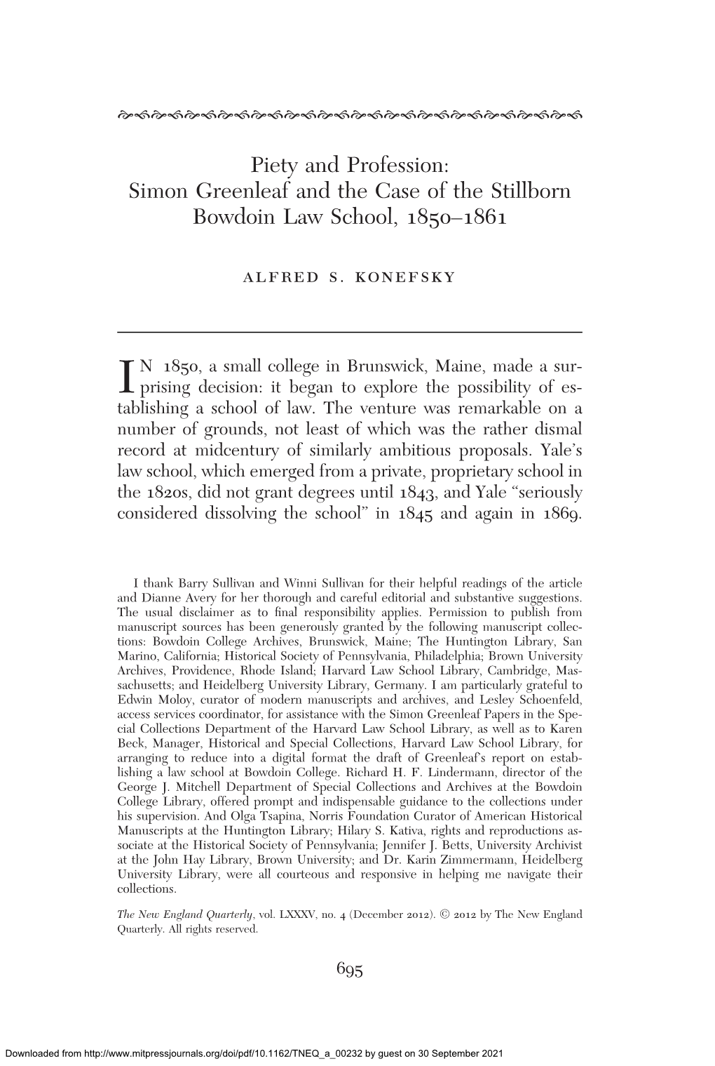 Simon Greenleaf and the Case of the Stillborn Bowdoin Law School, 1850–1861