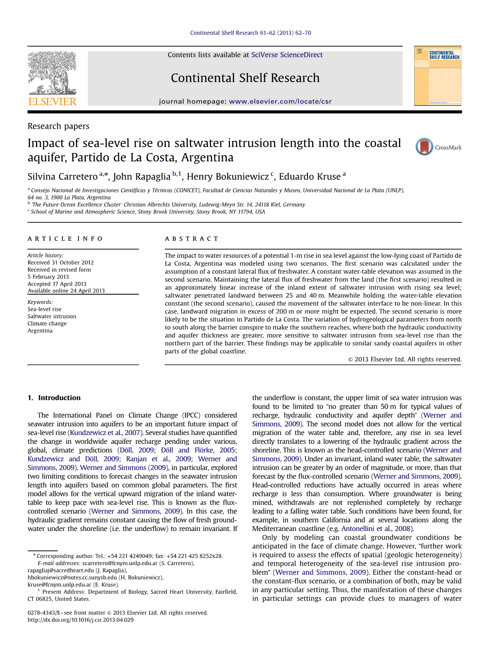 Impact of Sea-Level Rise on Saltwater Intrusion Length Into the Coastal Aquifer, Partido De La Costa, Argentina