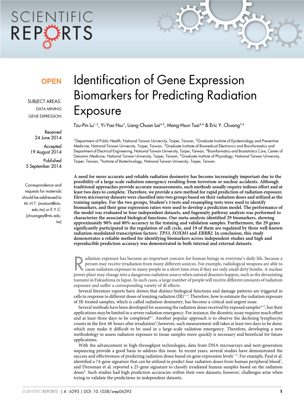 Identification of Gene Expression Biomarkers for Predicting Radiation Exposure